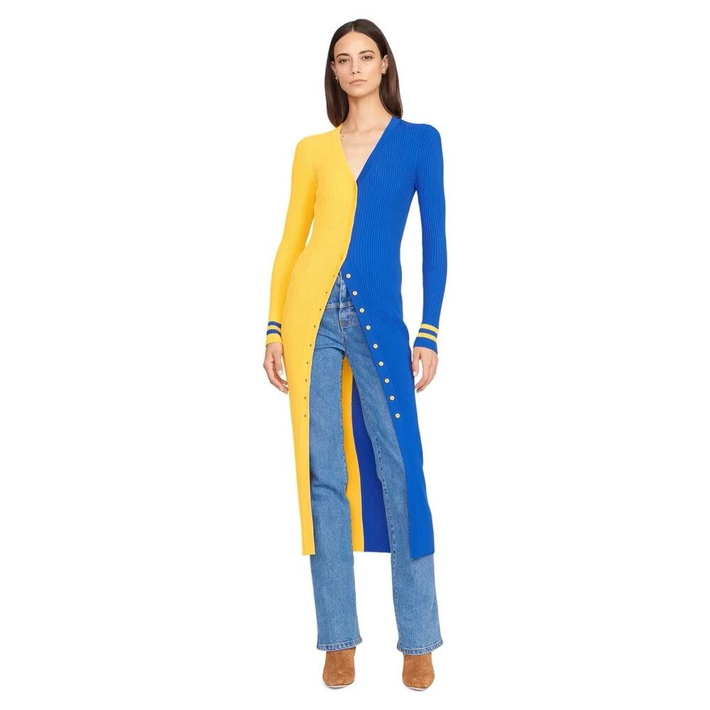 NWOT STAUD Gold/Royal Los Angeles Rams Shoko Knit Button-Up Sweater Dress Size L